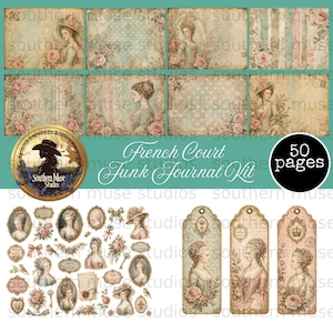 Puede incluir: Un kit de diario basura de estilo vintage con temática de la corte francesa. El kit incluye páginas estampadas, etiquetas y elementos decorativos con ilustraciones de mujeres, rosas y diseños antiguos. El kit tiene 50 páginas.