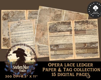 May include: A collection of digital paper and tags with a vintage aesthetic. The pages feature aged paper textures, musical notes, handwritten script, and lace accents. The product is labeled "Opera Lace Ledger Paper & Tag Collection" and is 8.5" x 11".