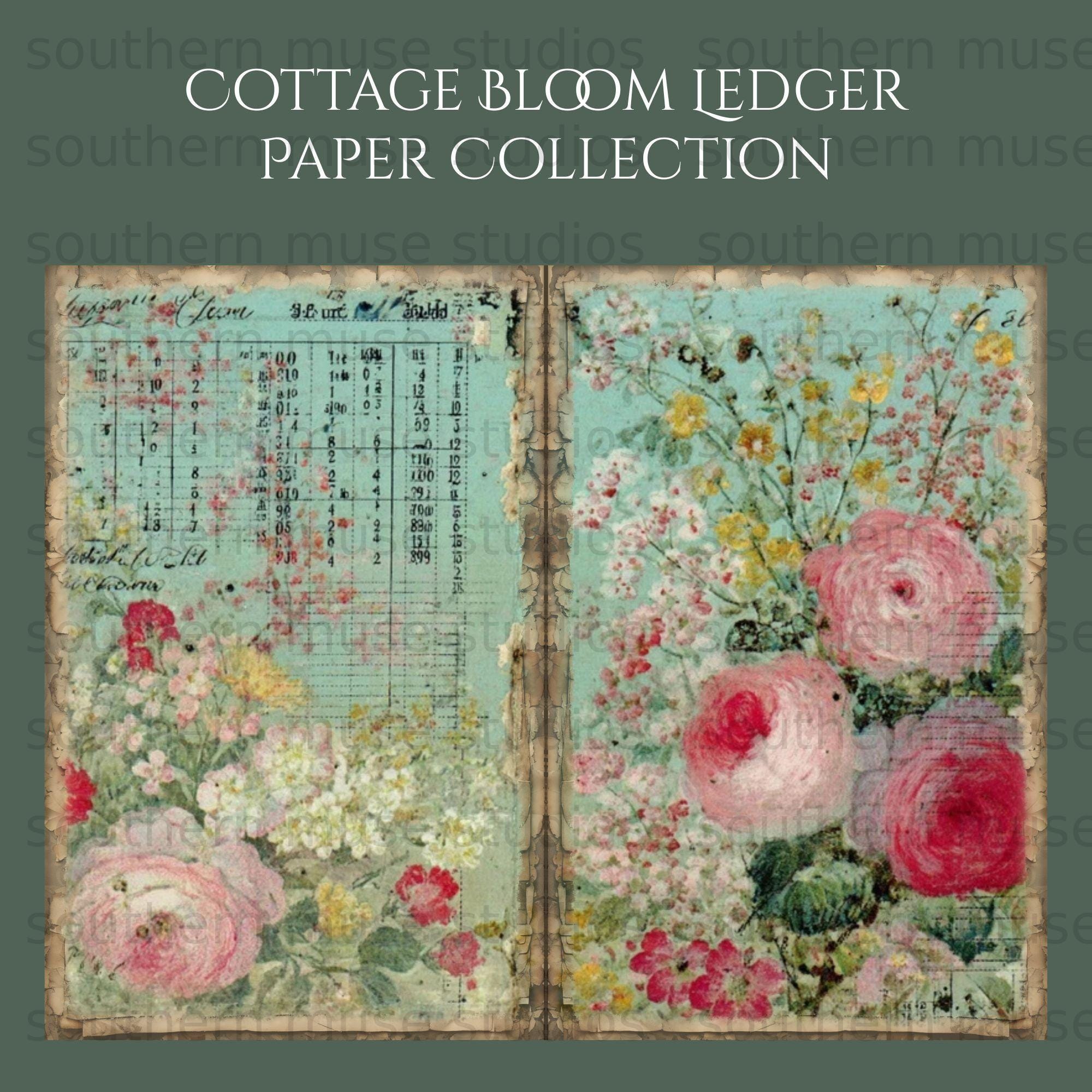Cottage Bloom Ledger Paper, Vintage Roses Digital Kit, Junk