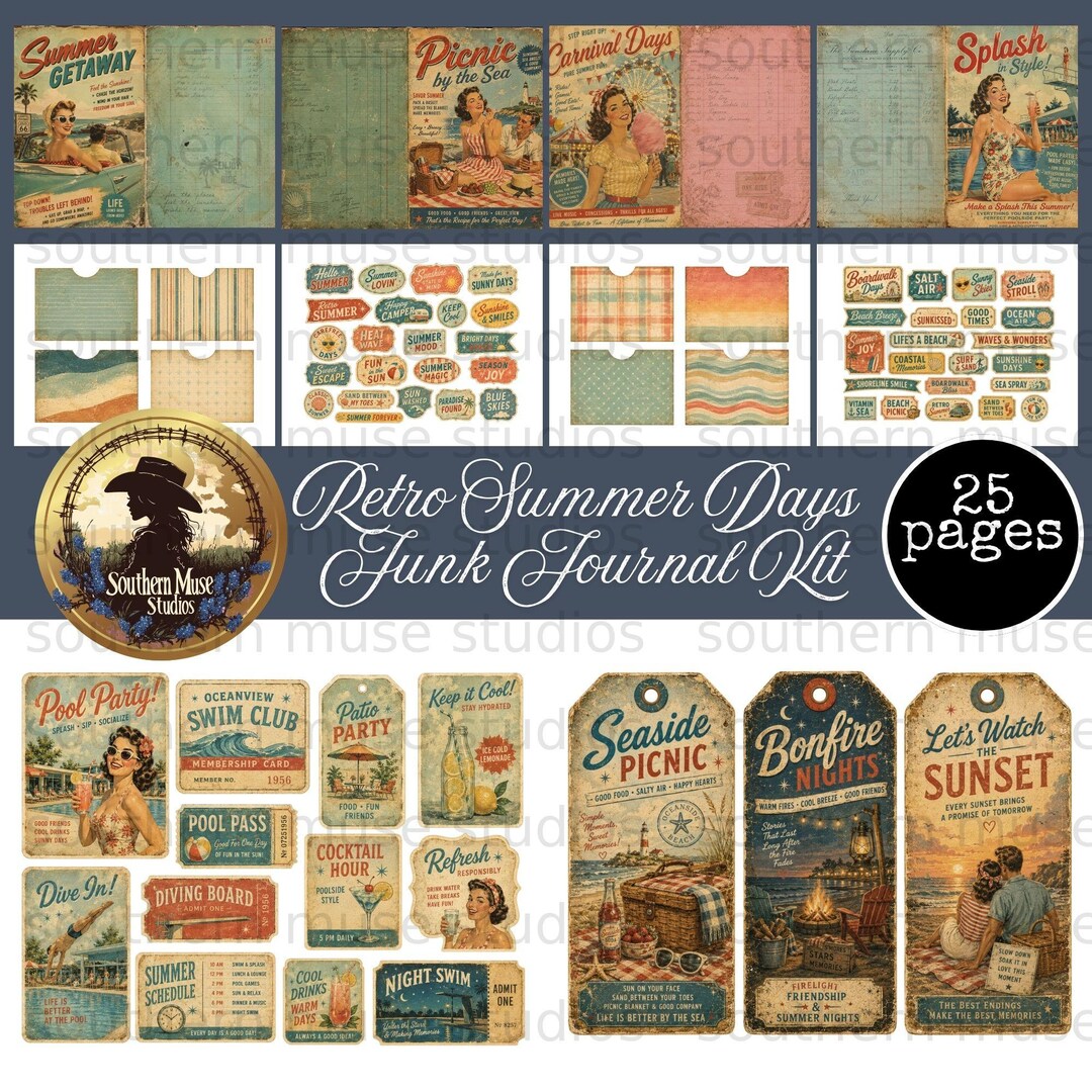 Retro Summer Junk Journal Kit, Vintage Ephemera Digital Download, Beach ...