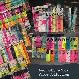 Neon Office Noir Paper Collection, vibrant mixed media art paper, neon numbers and text patterns, scrapbooking and craft supplies