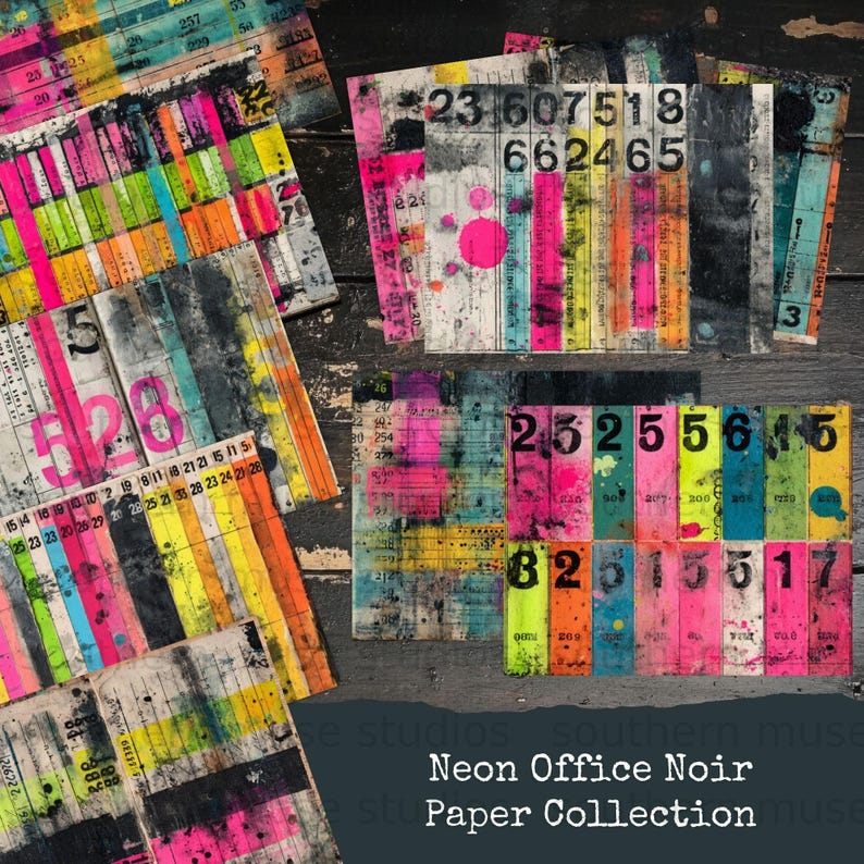 Neon Office Noir Paper Collection, vibrant mixed media art paper, neon numbers and text patterns, scrapbooking and craft supplies