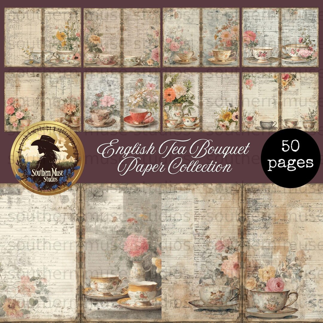 Tea Cup Junk Journal Paper, Floral Ephemera, Vintage Scrapbook, Digital ...