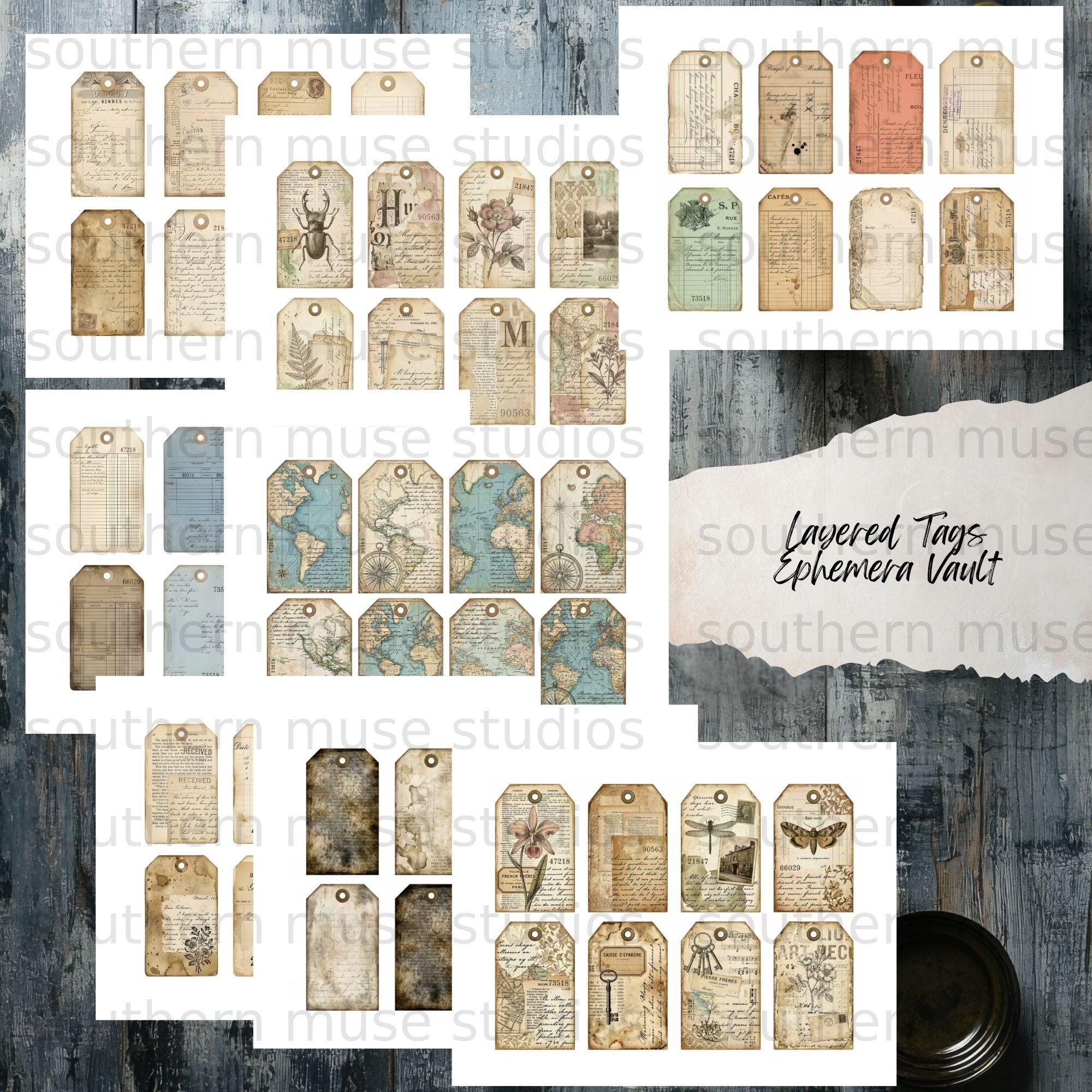 Digital Junk Journal Ephemera Kit, Vintage Collage Tags, Aged Paper ...
