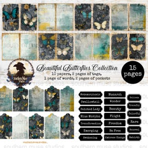 Butterfly Digital Paper, Junk Journal, Scrapbook, Ephemera, Collage Sheet, Printable Kit, Embellishments, Art Journal, Digital Download