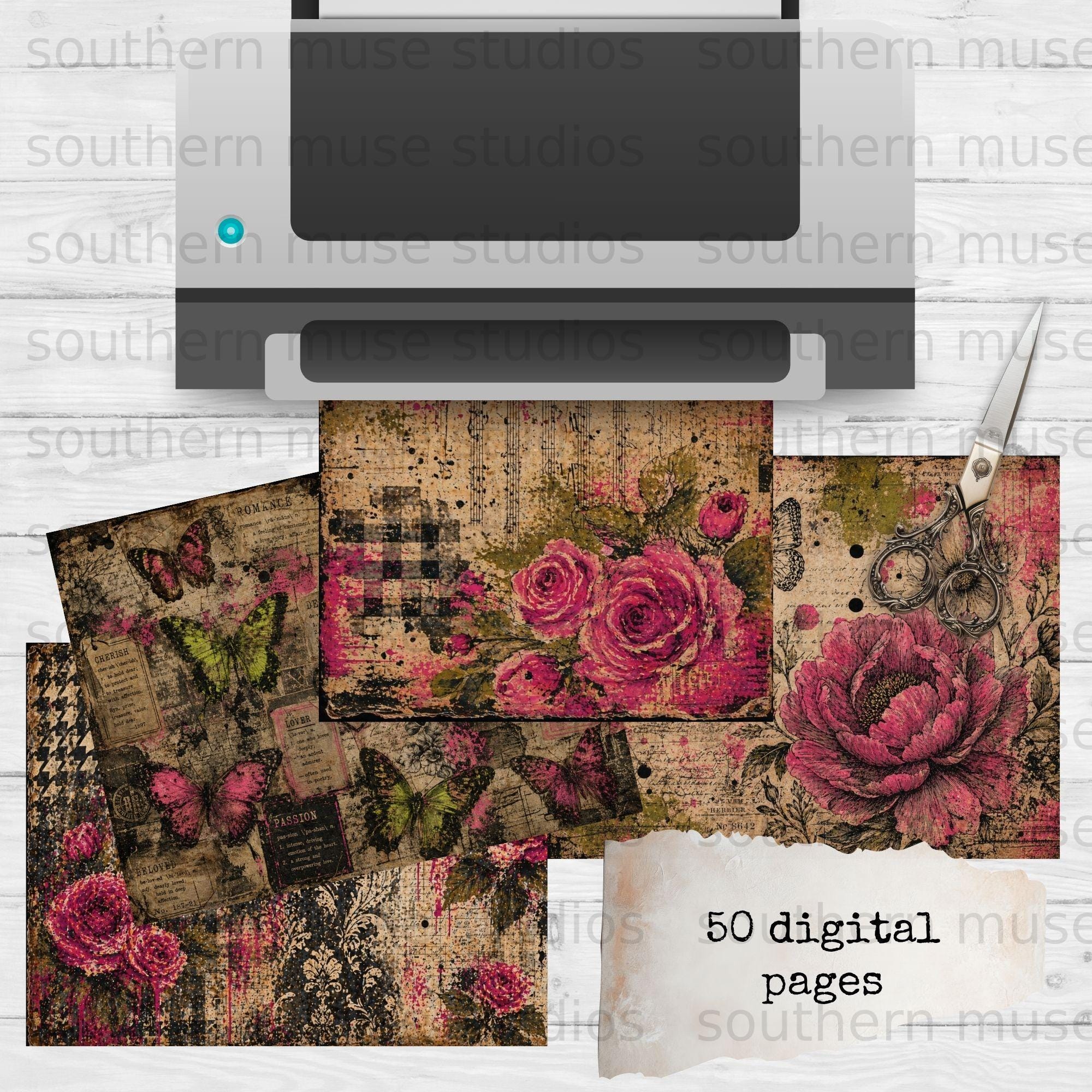 Junk Journal Kit Digital Paper, Vintage Botanical Scrapbook Pages ...