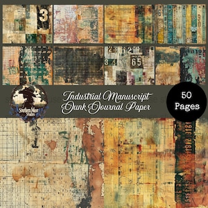 Puede incluir: Un conjunto de 50 páginas de papel de diario basura de manuscrito industrial. El papel tiene una estética vintage con texturas desgastadas, números y colores descoloridos. La paleta de colores incluye marrones, verdes y amarillos.