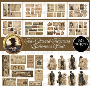 May include: A collection of vintage-style ephemera, including tags, tickets, and illustrations, with a tea-stained appearance. The image features a variety of designs, including portraits, film strips, and botanical elements. The text on the image reads "Tea-Stained Treasures Ephemera Vault" and "50 pages".