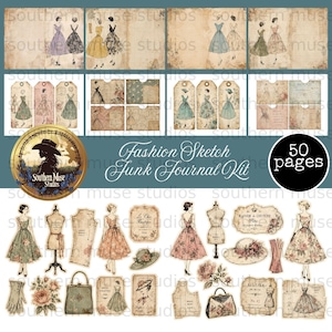 May include: A vintage-themed junk journal kit with a fashion sketch design. The kit contains ephemera, tags, and paper backgrounds with illustrations of dresses, hats, and accessories. The kit includes the text "Fashion Sketch Junk Journal Kit" and "50 pages".