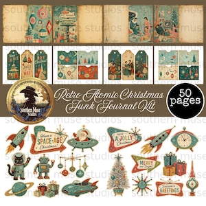 Retro Atomic Christmas Junk Journal Kit: 50 Digital Sheets Papers, Tags, Pockets, Ephemera, Labels PDF Instant Download, mixed media, art