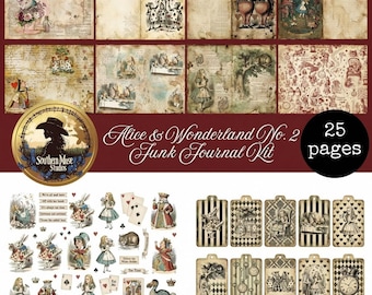 Alice Wonderland Junk Journal Kit Digital, Tags, Ephemera, Word Labels, Instant Download, 25 Sheets PDF, Scrapbook, Planner Supply digikit