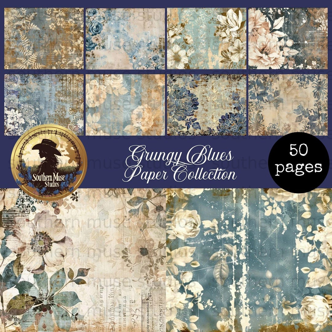 Grungy Blues Digital Paper Pack, Floral Junk Journal Pages, 50 ...