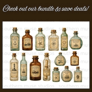 Collection of seven vintage-style apothecary bottles with labels.