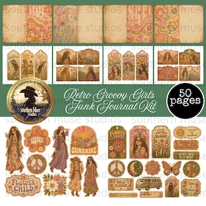 May include: A digital junk journal kit featuring 50 pages of retro-themed graphics. The collection includes patterned paper backgrounds, illustrated tags, and die-cut style stickers depicting people, flowers, peace signs, butterflies, and a van.