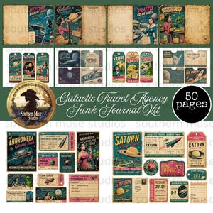 May include: A 50-page junk journal kit featuring vintage-style space travel illustrations. The collection includes postcards, luggage tags, boarding passes, and stationery with retro sci-fi graphics of planets, rockets, and aliens in muted tones.
