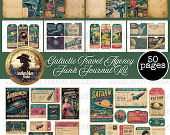 May include: A 50-page junk journal kit featuring vintage-style space travel illustrations. The collection includes postcards, luggage tags, boarding passes, and stationery with retro sci-fi graphics of planets, rockets, and aliens in muted tones.