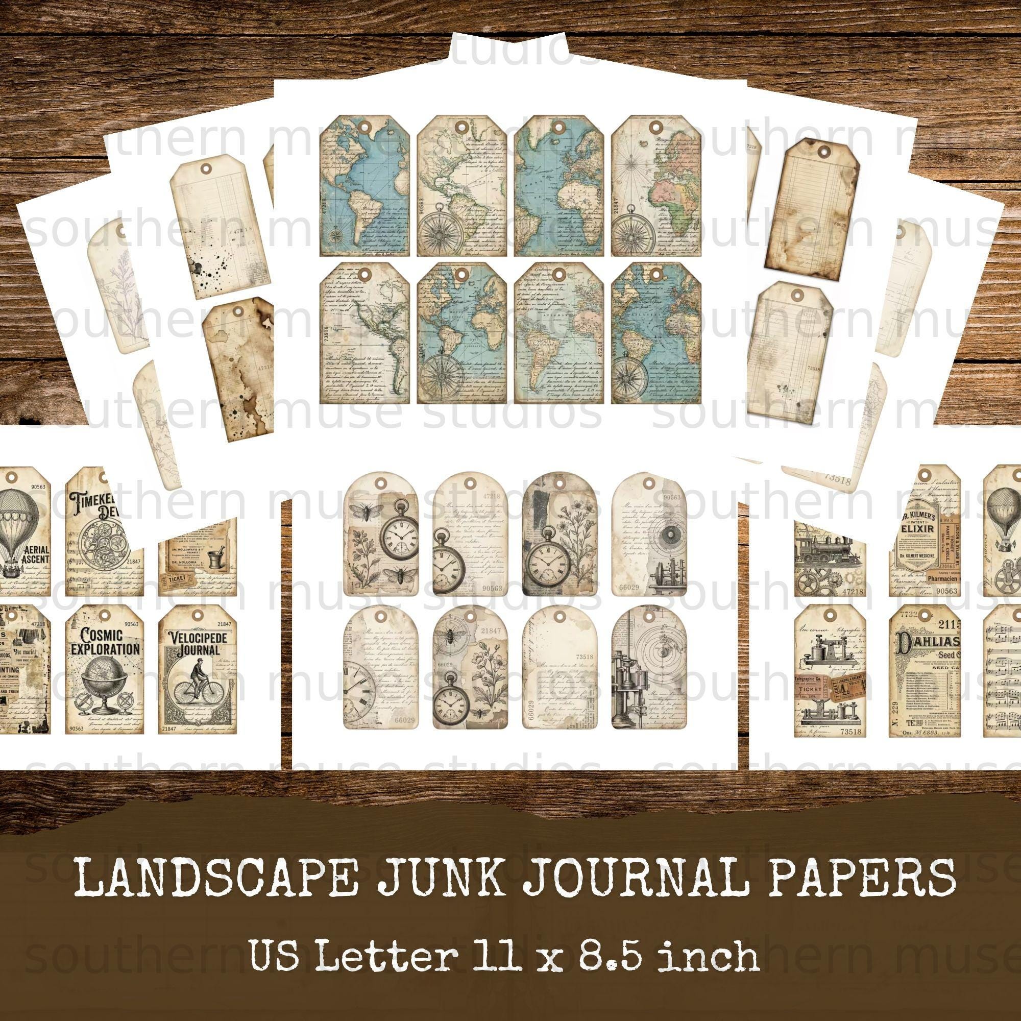 Digital Junk Journal Ephemera Kit, Vintage Collage Tags, Aged Paper ...