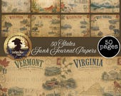 50 US States Junk Journal Paper Kit, Vintage Printable Ephemera Digital Scrapbook Supply, Travel Themed Map Art, USA, Road Trip, Grungy