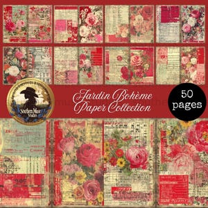 Könnte beinhalten: Eine Sammlung von 50 Seiten Papier im Vintage-Stil mit floralen und botanischen Designs. Das Papier zeigt Rosen, Text und eine Used-Optik. Die Worte "Jardin Bohème Paper Collection" sind zu sehen.