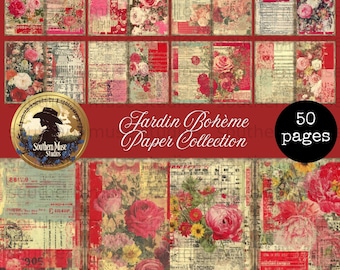 Jardin Boheme Digital Paper Pack, 50 Vintage Rose Journal Pages, Printable Floral Collage Sheet, Red Pink Grunge Scrapbook Kit, Instant