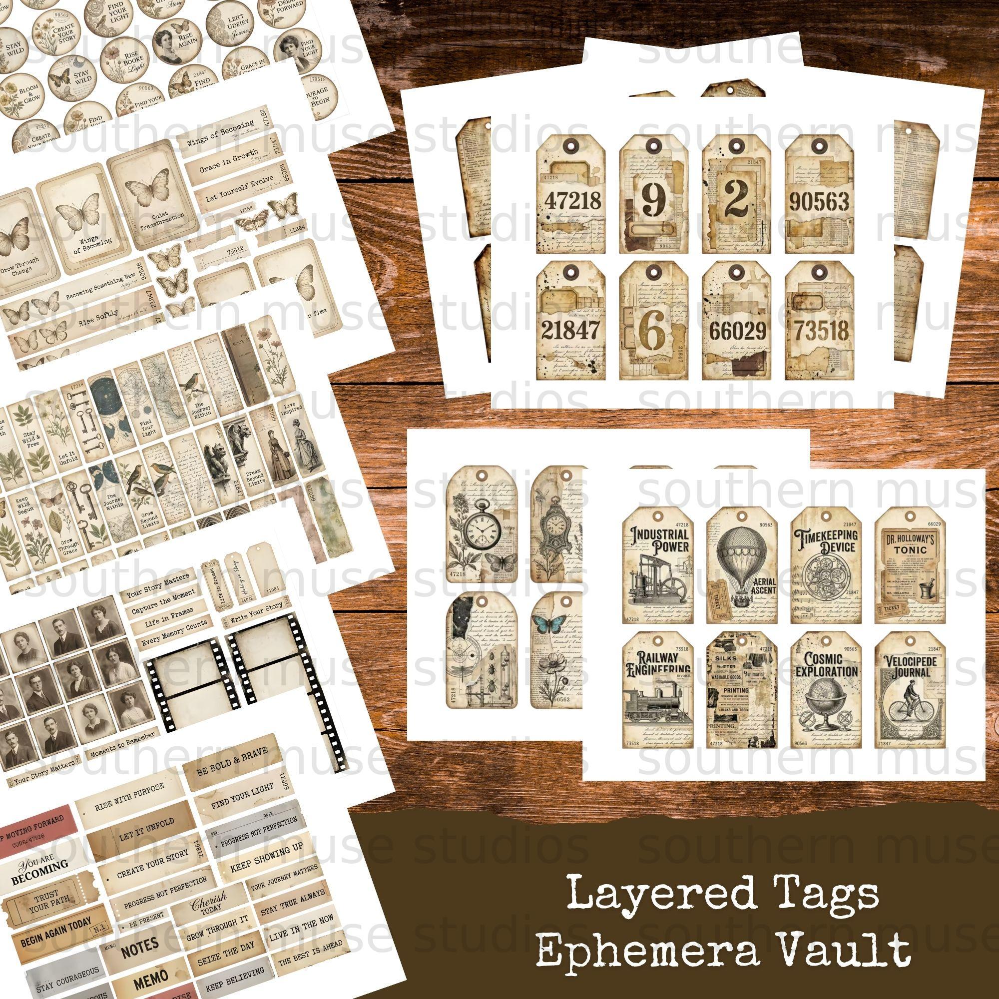 Digital Junk Journal Ephemera Kit, Vintage Collage Tags, Aged Paper ...