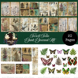 May include: A Forest Folio Junk Journal Kit with 20 pages. The kit features pages with botanical illustrations of ferns, butterflies, and floral elements. The color palette includes greens, browns, and vintage paper textures.