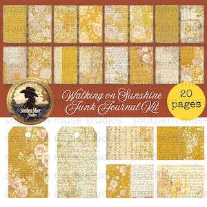 May include: A junk journal kit titled "Walking on Sunshine" with 20 pages. The kit features a variety of designs, including floral patterns, handwritten script, and aged paper textures in shades of yellow, cream, and brown. Includes tags and journal pages.