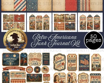May include: A digital junk journal kit featuring 50 pages of retro Americana designs. Includes patterned papers with stripes, stars, and dots, plus various tags and labels with vintage illustrations, patriotic text, and red, white, and blue color schemes.