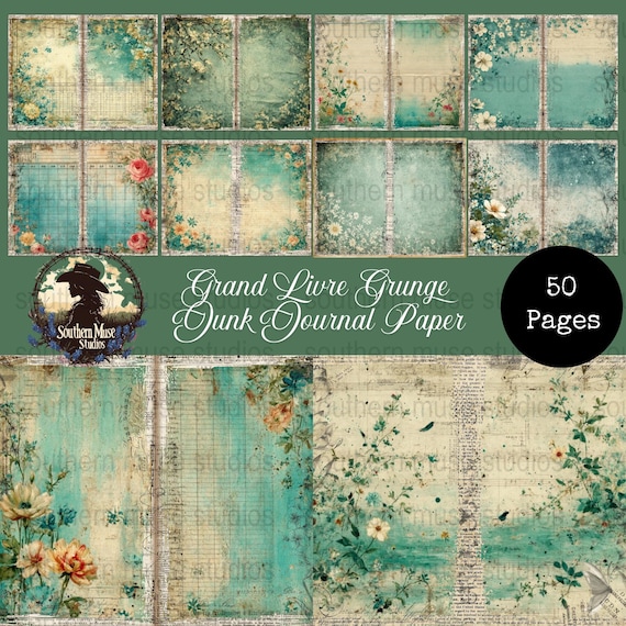50 Grand Livre Grunge Digital, Junk Journal Paper Pack, Floral Ephemera, Printable Vintage Designs, Instant Download PDF Sheets, digikit