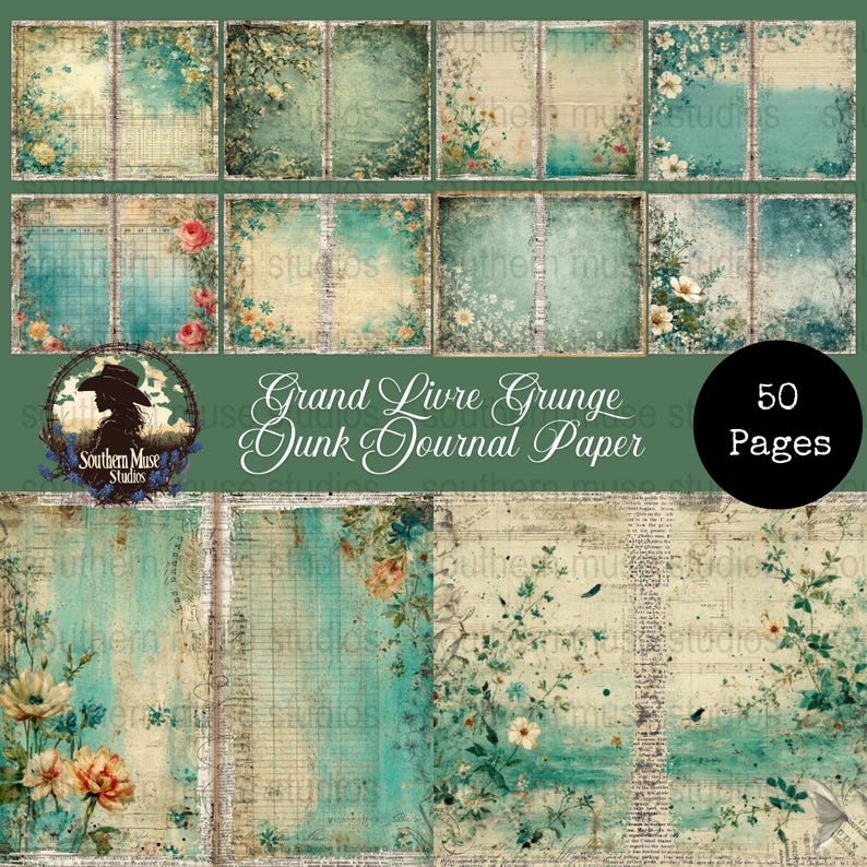 Vintage Floral Junk Journal Paper, Grunge Background, Digital Download, 50 Page Scrapbook Printable, Craft Supplies, Collage Sheets, PDF