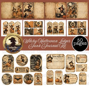 Puede incluir: Un kit de diario creativo digital con 50 páginas de ilustraciones de Halloween estilo vintage. La colección incluye papel de registro, etiquetas decorativas y tarjetas con motivos de brujas, calabazas y gatos negros, con el texto Witchy Halloween Ledger.