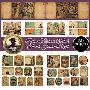 May include: A collection of vintage-style ephemera for a junk journal kit. The kit includes tags, labels, and decorative pages with a retro kitchen witch theme. The color palette features warm tones with illustrations and text, including "Retro Kitchen Witch Funk Journal Kit".