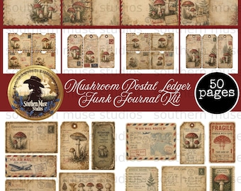 Mushroom Postal Junk Journal Kit, 50 Vintage Ephemera Pages, Botanical Forest Digital Download, Cottagecore Nature Scrapbook Supply