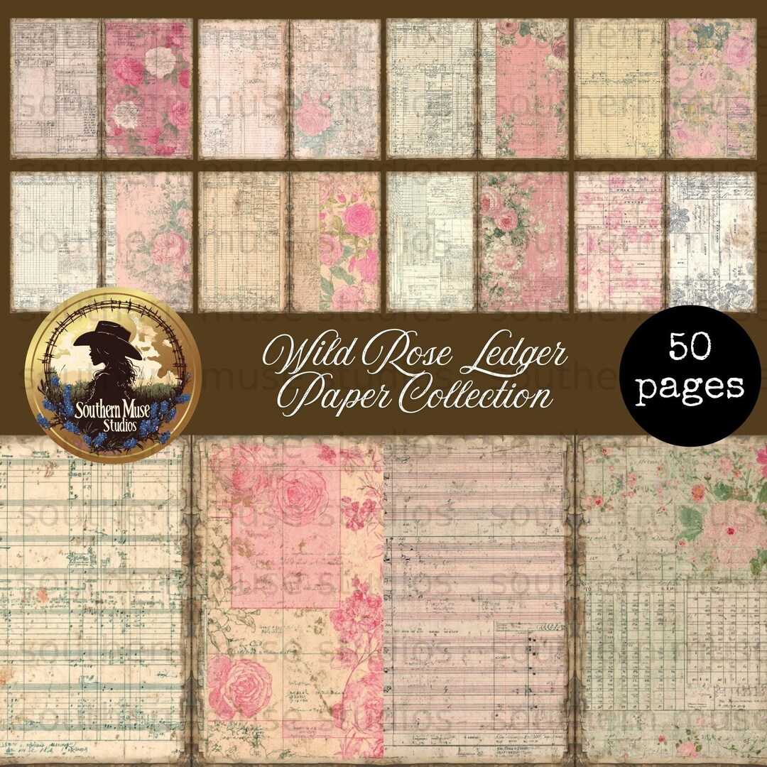 Wild Rose Ledger Junk Journal Paper Kit, 50 Digital Vintage Printable ...