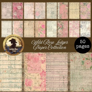 May include: A collection of 50 pages of Wild Rose Ledger paper. The paper has a vintage aesthetic with floral and ledger designs in shades of pink, cream, and green. The Southern Muse Studios logo is visible.