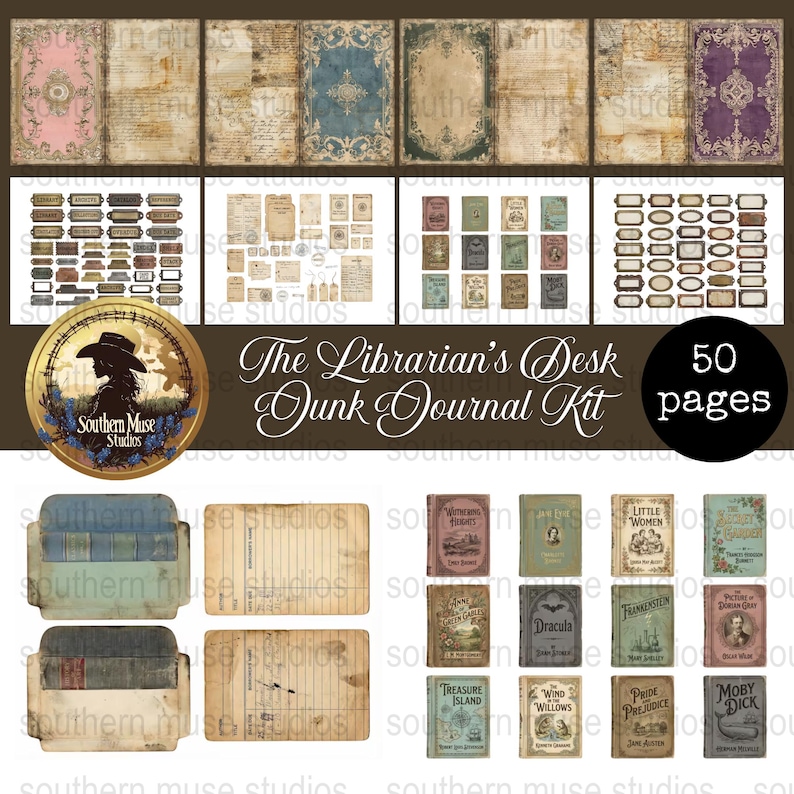 Vintage Librarian Desk Junk Journal Kit, 50 Pages, Classic Book Themes, Scrapbooking Supplies, Crafting Paper, Printable Ephemera Pack