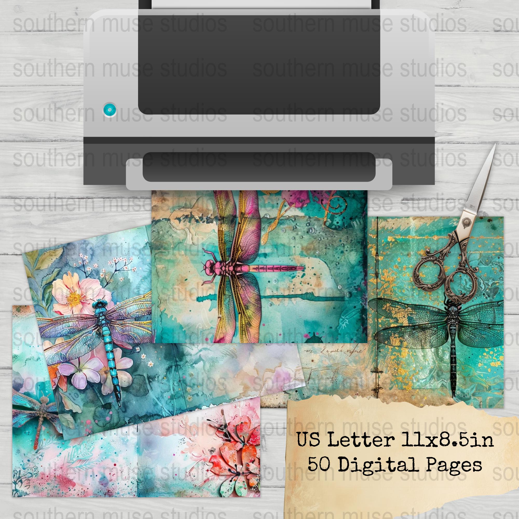 Dragonfly Digital Paper Pack, Scrapbook Kit, Floral Dragonfly Art ...