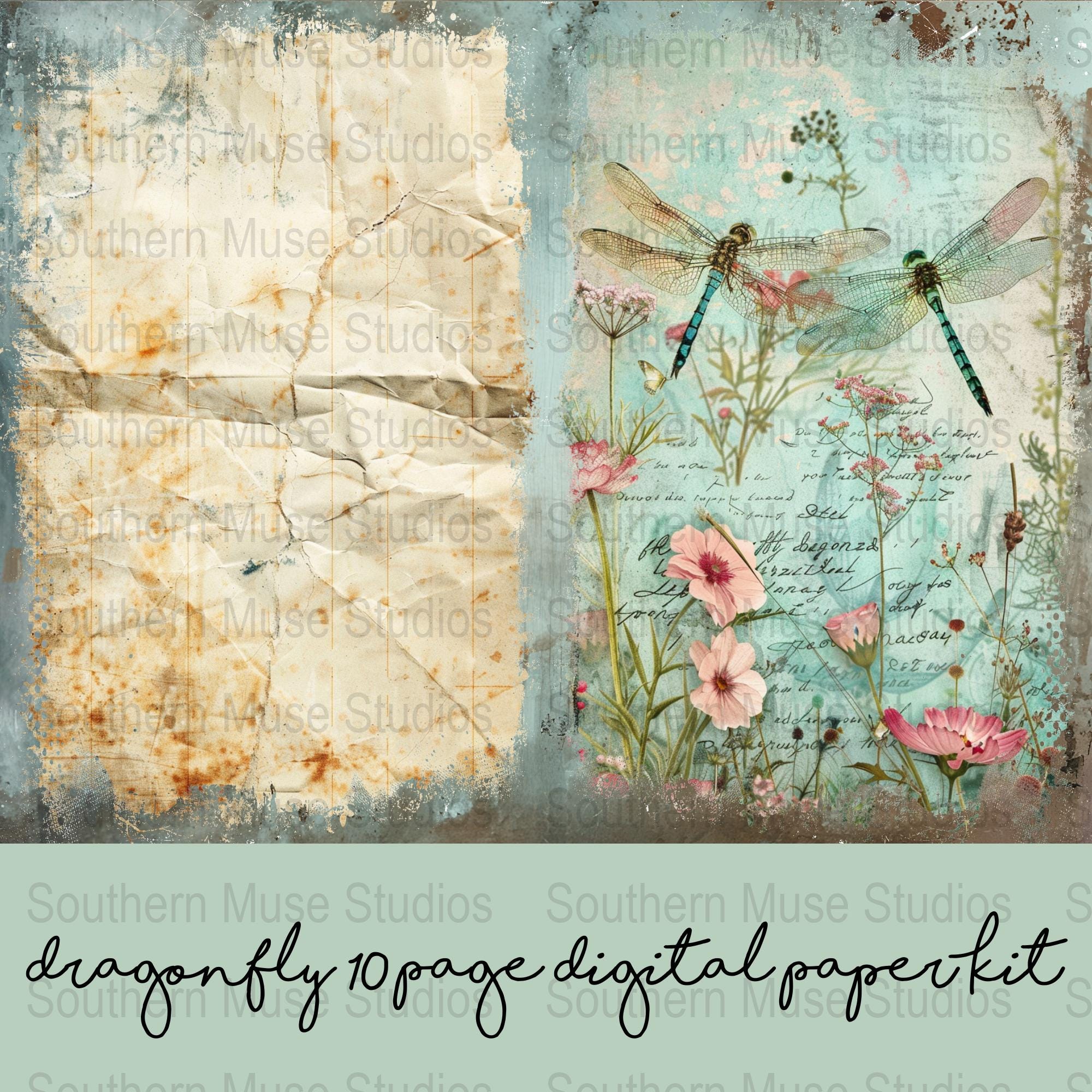 Dragonfly Junk Journal Kit, Printable Papers, Floral Ephemera, Digital ...