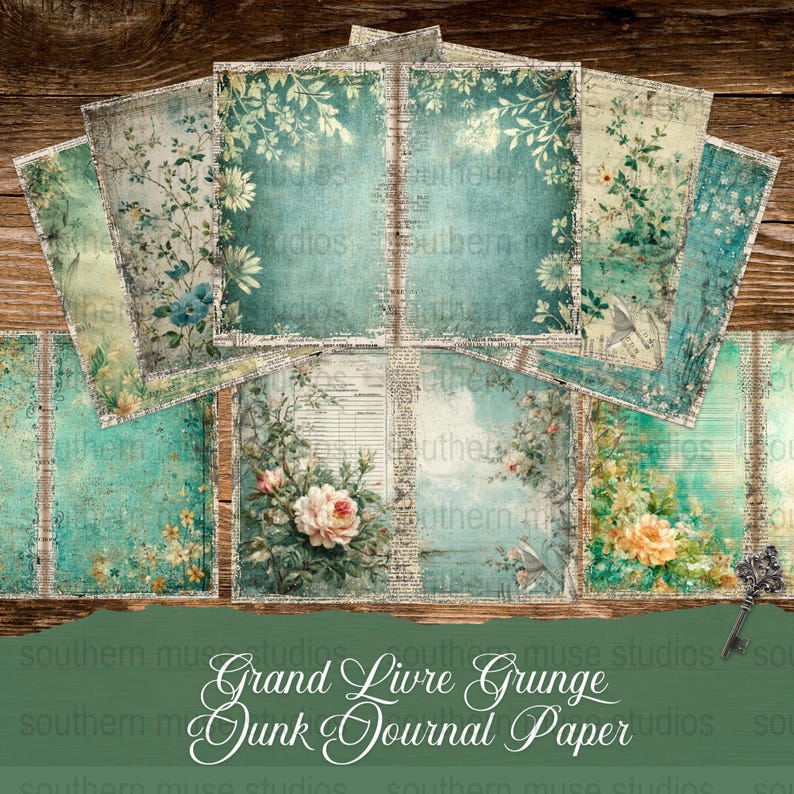 Vintage Floral Grunge Junk Journal Paper, Digital Printable Scrapbooking Pages, Aged Backgrounds, Craft Supplies, Decoupage Paper Set