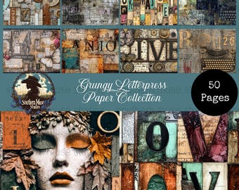 Könnte beinhalten: Eine digitale Papiersammlung mit einem Grunge- und Vintage-Look. Das Bild zeigt Collage-Elemente, darunter Buchstaben, Texturen und ein Frauenporträt. Der Text lautet "Grungy Letterpress Paper Collection" und "50 Pages."