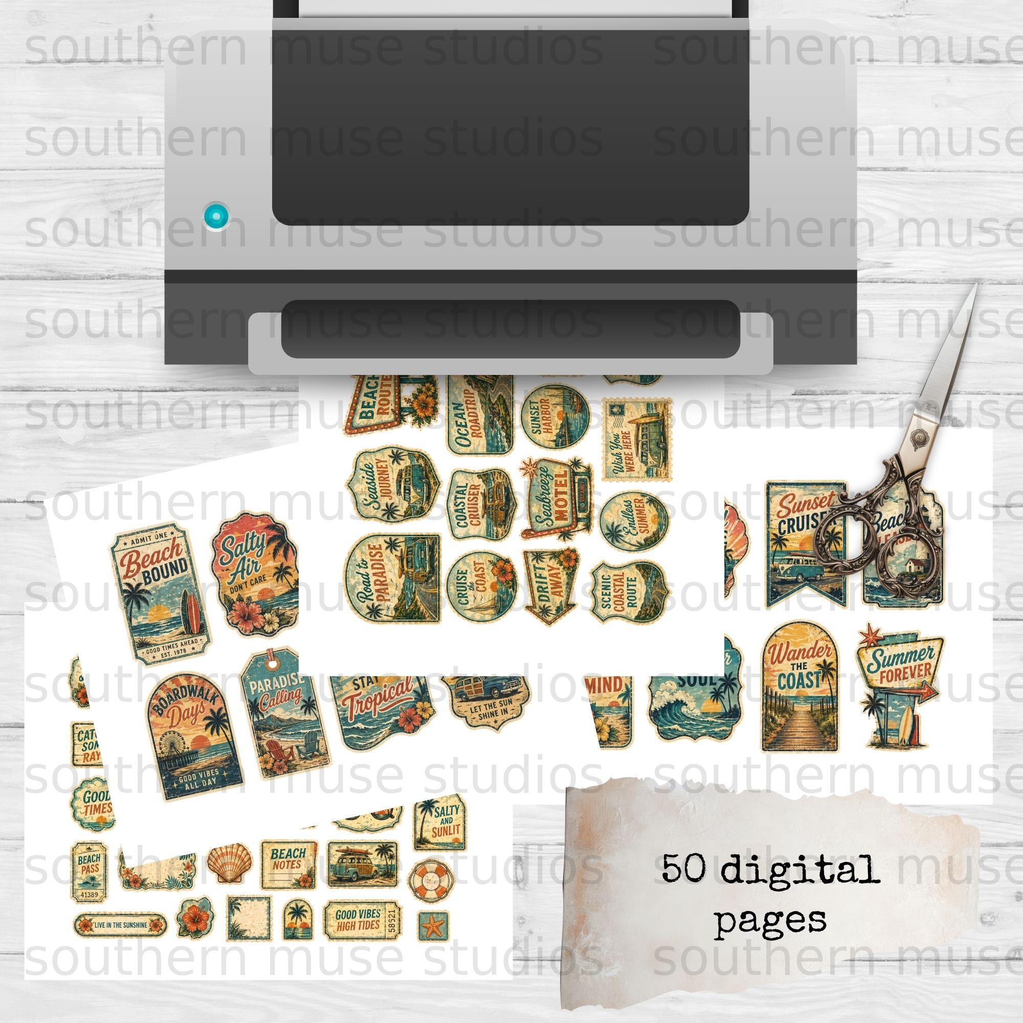 50 Grungy Retro Beach Junk Journal Digital Kit | Vintage Tropical Paper ...