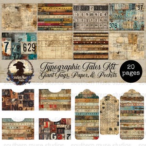May include: A selection of vintage-style paper and tags with a rustic aesthetic. The design incorporates rulers, license plates, and typography. The text "Typographic Tales Kit" and "20 pages" are visible.