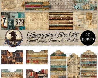 Typographic Tales Kit Digital, Papers Pockets, Rustic Collage Ephemera, Printable Scrapbook, Vintage Designs, Junk Journal, Tags, Download
