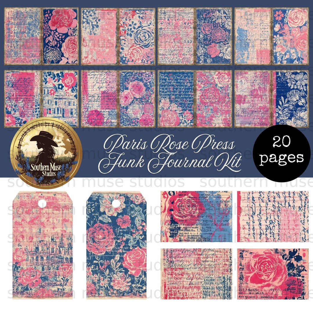 Paris Rose Junk Journal Kit, Digital Paper Pack, Vintage Floral Tags ...