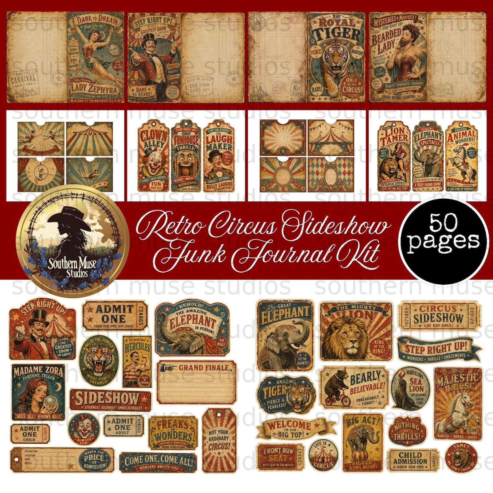 Retro Circus Sideshow Junk Journal Kit, 50 Pages Vintage Ephemera ...