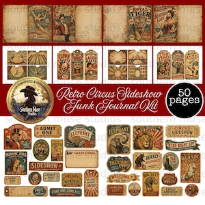 Op de afbeelding: Een retro circus thema junk journal kit. De kit bevat diverse ephemera zoals tickets, labels en journaalpagina's. Het ontwerp bevat illustraties van circusartiesten, dieren en vintage typografie. De kit bevat 50 pagina's.