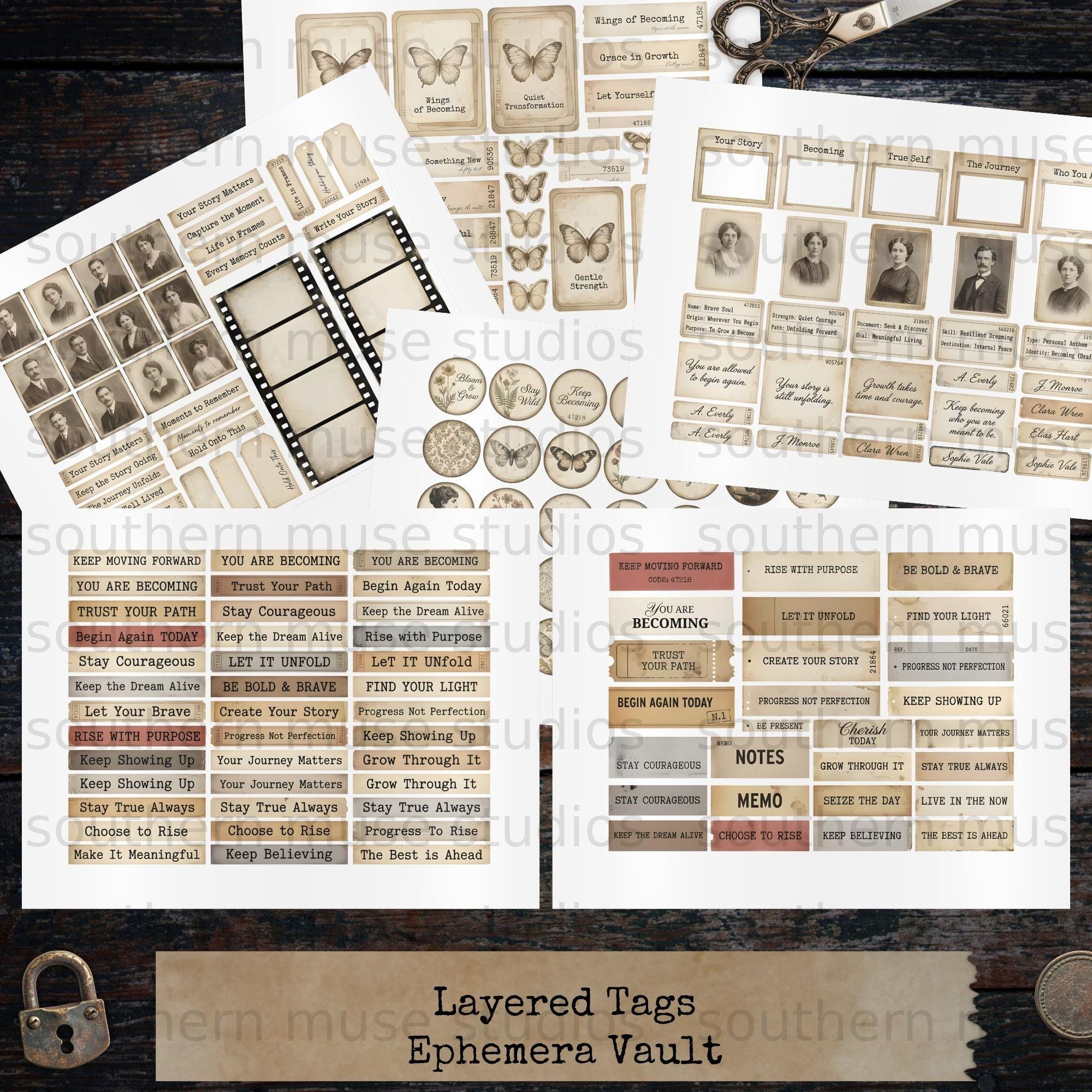 Digital Junk Journal Ephemera Kit, Vintage Collage Tags, Aged Paper ...