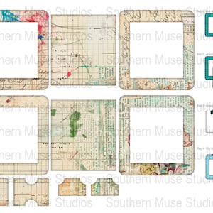 May include: A collage of vintage-style paper cutouts with rectangular frames and pockets. The designs feature aged paper textures, handwritten script, and colorful accents. Instructions for assembly are also included.