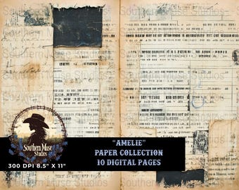 Vintage Grid Junk Journal Paper - Amelie Collection - 10 Printable Pages, 8.5x11 Digital Grunge Collage, Distressed Ledger Backgrounds