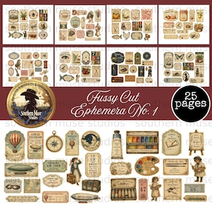 May include: A collection of vintage-style ephemera, including labels, tags, and illustrations. The design features a variety of themes, such as travel, art supplies, and botanical elements. The text "Fussy Cut Ephemera No. 1" is visible, along with "25 pages".